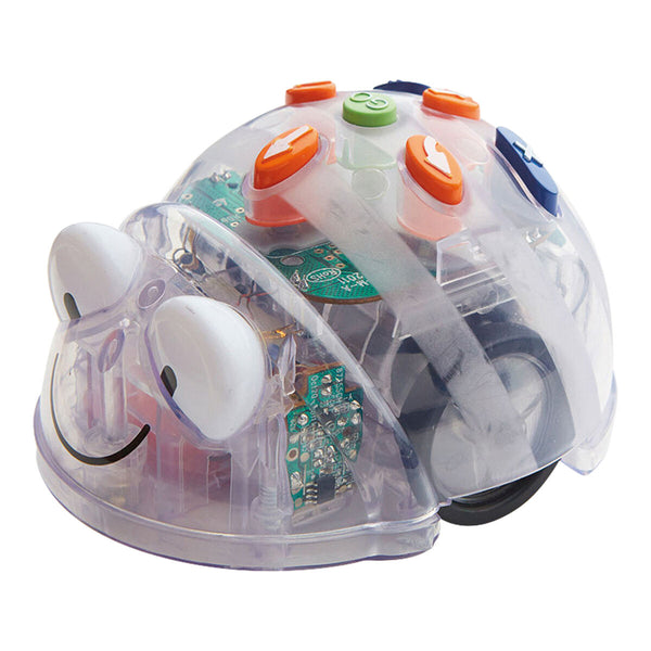 Robot de sol programmable TTS Blue-Bot à coque transparente sur fond blanc