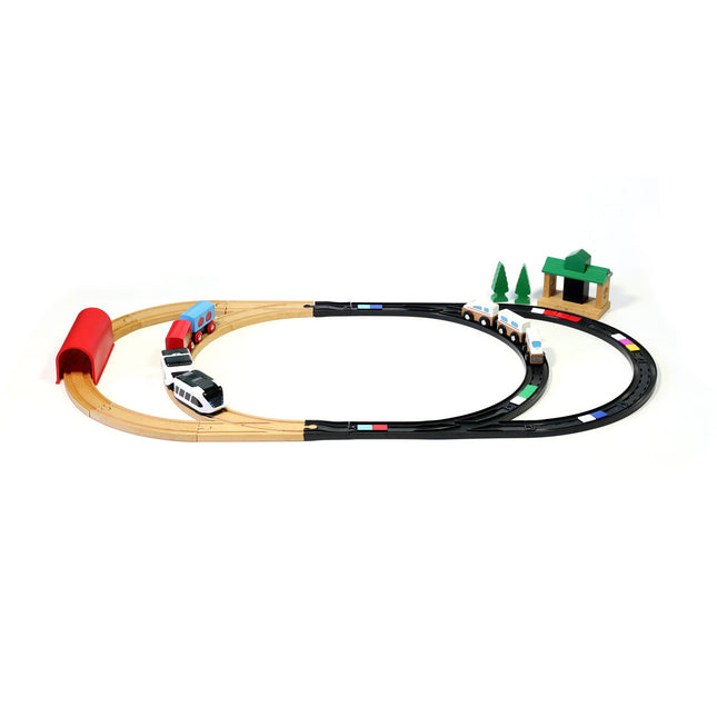 Circuit Intelino raccordé à des rails en bois par les adaptateurs