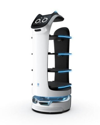 Pudu BellaBot robot serveur vue 3/4 avec plateaux