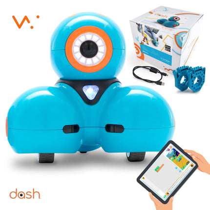Robot Dash avec le contenu de sa boîte et une tablette de programmation
