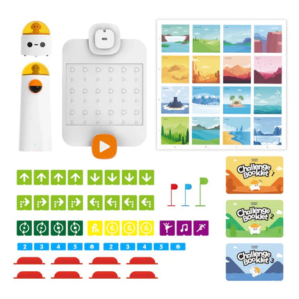 Contenu du Matatalab Coding Set : robot, tour, plateau, blocs, carte et obstacles