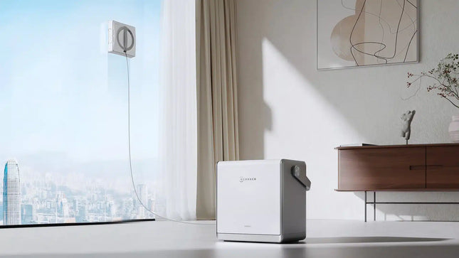 Ecovacs Winbot W2 Pro Omni robot lave-vitres en action sur baie vitrée