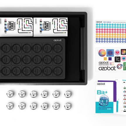Contenu détaillé du kit classe Ozobot Bit+ : robots, socle de recharge, feutres et autocollants